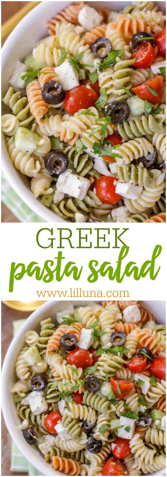 This delicious Greek Pasta Salad is filled with rotini pasta, tomatoes, cucumber, olives, and feta cheese and is covered in a tasty greek dressing! It's our new go-to pasta salad and is perfect especially in spring and summer.