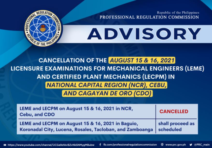 PRC cancels August 2021 Mechanical Engineer, CPM board exam in 3 areas