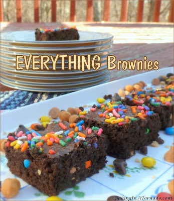 Everything Brownies: start with a dense chocolate brownie, then take it up a notch with mix-ins and sprinkles on top. | Recipe developed by www.BakingInATornado.com | #recipe #chocolate