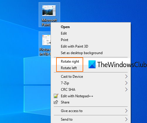 마우스 오른쪽 버튼 클릭 컨텍스트 메뉴를 사용하여 Windows 10에서 이미지 회전