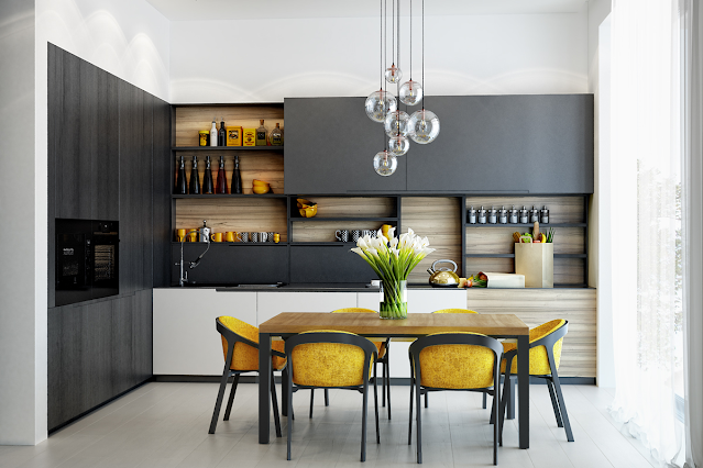 charcoal and mustard kitchen classy open shelving