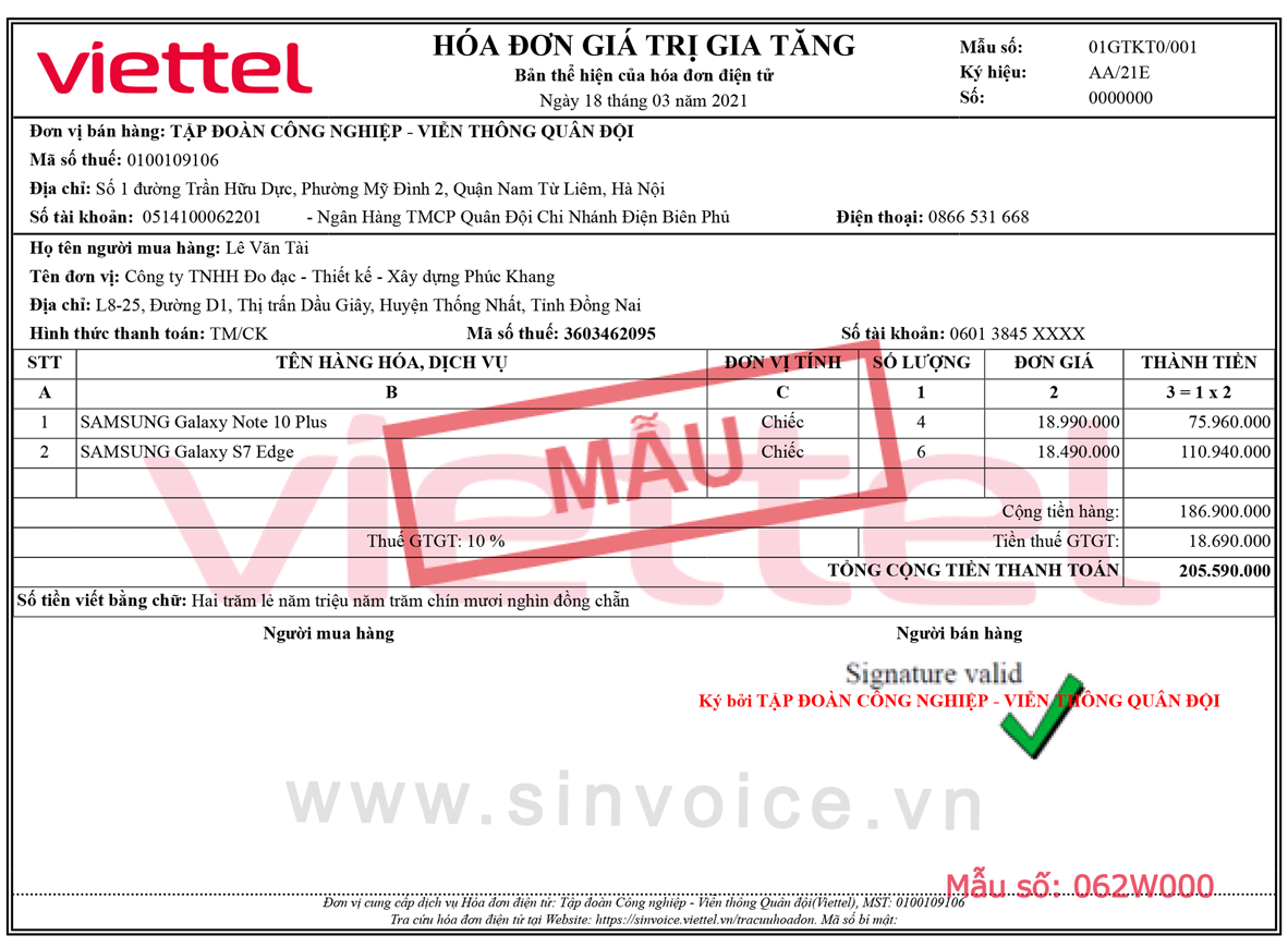 Mẫu hóa đơn điện tử số 062W000