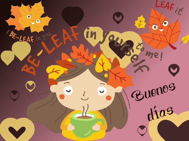 Buenos días con café caliente, dibujos, hojas, otoño