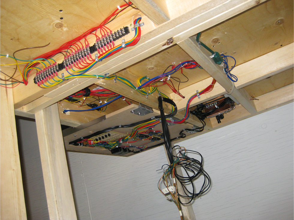 Completed wiring below model railroad control panel and benchwork