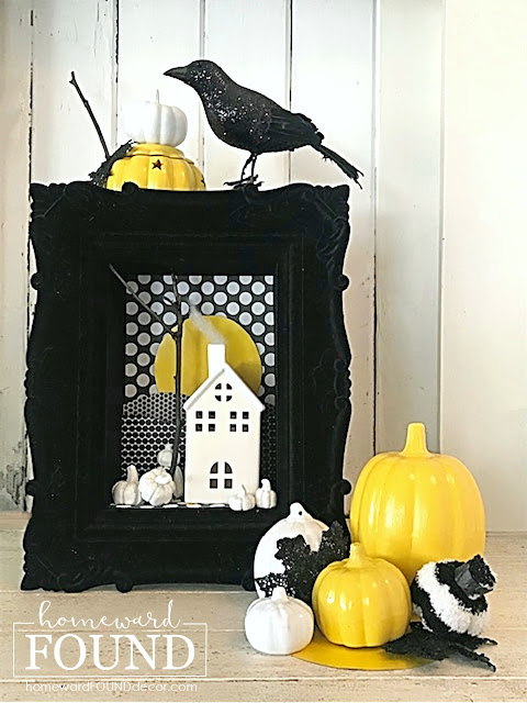 art,wall art,paper,paper crafts,pumpkins,Halloween,fall,DIY,diy decorating,home decor,thrifted,re-purposed,up-cycling,trash to treasure,dollar store crafts,fall home decor,Halloween home decor,Halloween decorating,haunted village mantel display,shadowbox art,Halloween shadowbox, miniatures.