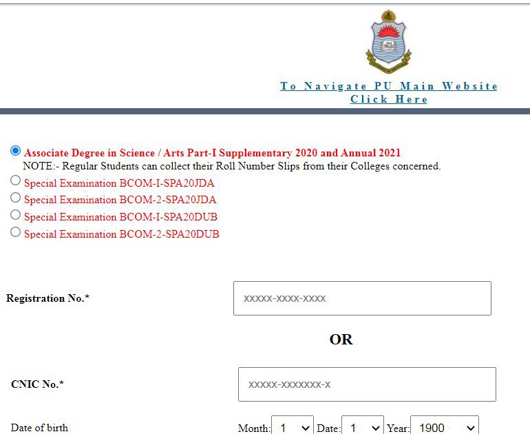 PU Supplementary Roll Number Slip of B.A / B.Sc / Associate Degree in
