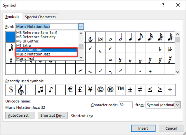 MicrosoftWordに音符を挿入する方法