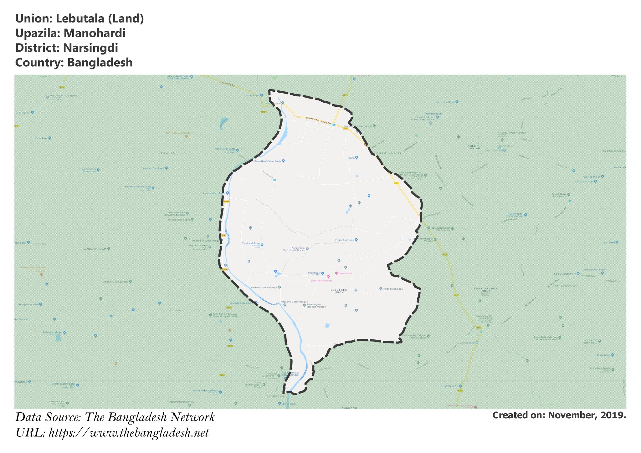 Map of Lebutala of Manohardi Upazila Map of Lebutala of Narsingdi, Bangladesh.