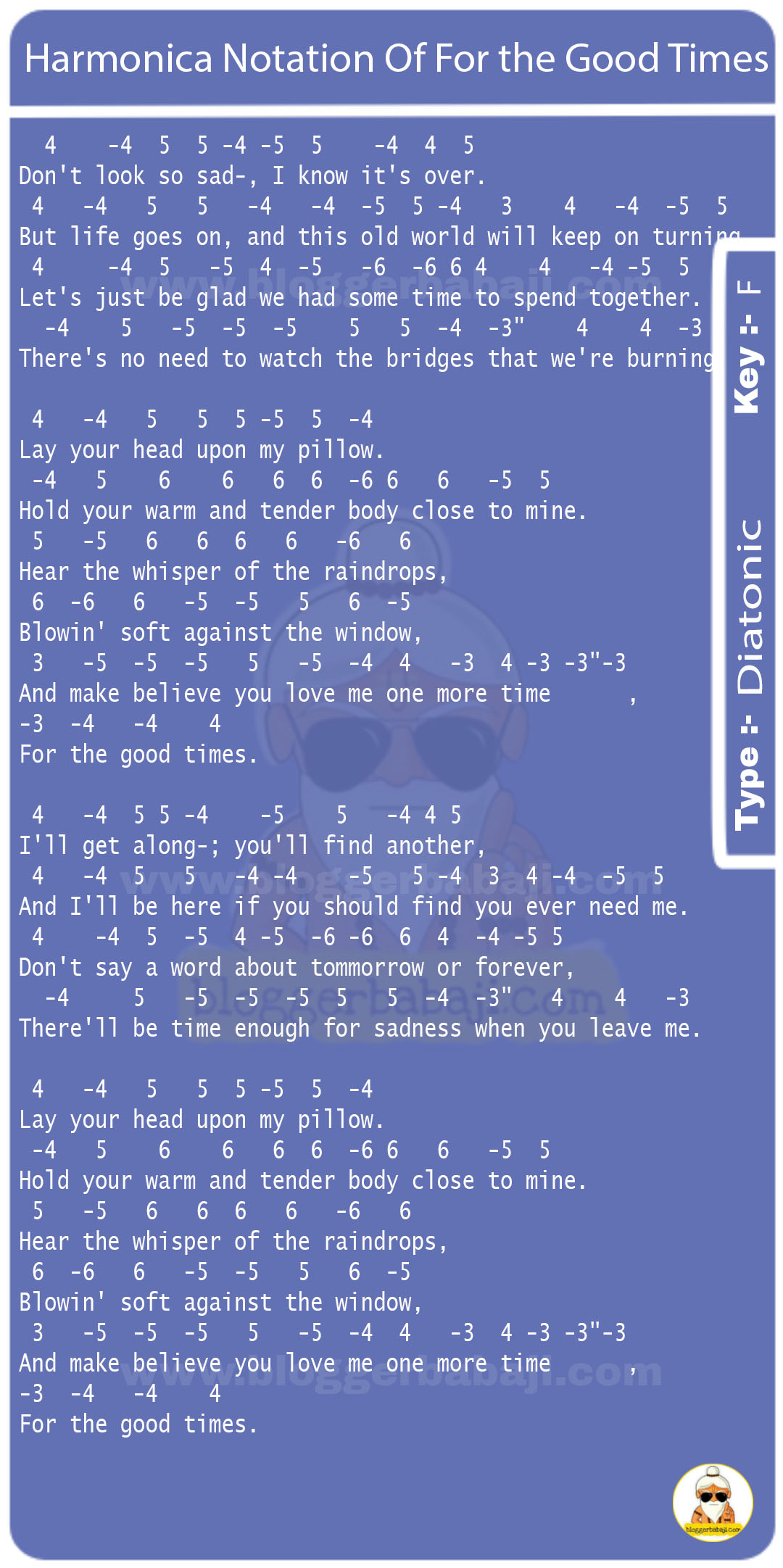 Harmonica Notation Of For the Good Times