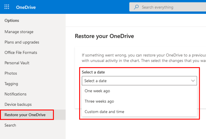 restaurar onedrive