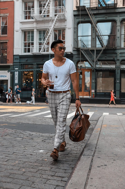 Leo Chan wearing Suit Supply Plaid Pants Casually with TShirt | Asian Male Model and Blogger