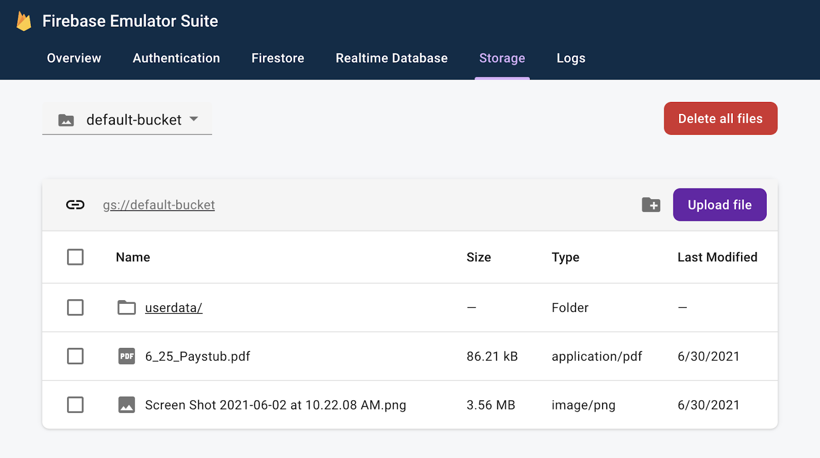 Screenshot of the webpage showing the Firebase Emulator Suite