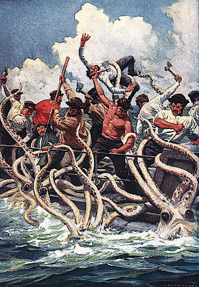 Anton Otto Fischer illustration an Anton Otto Fischer illustration of giant octopus creatures attacking men in a boat