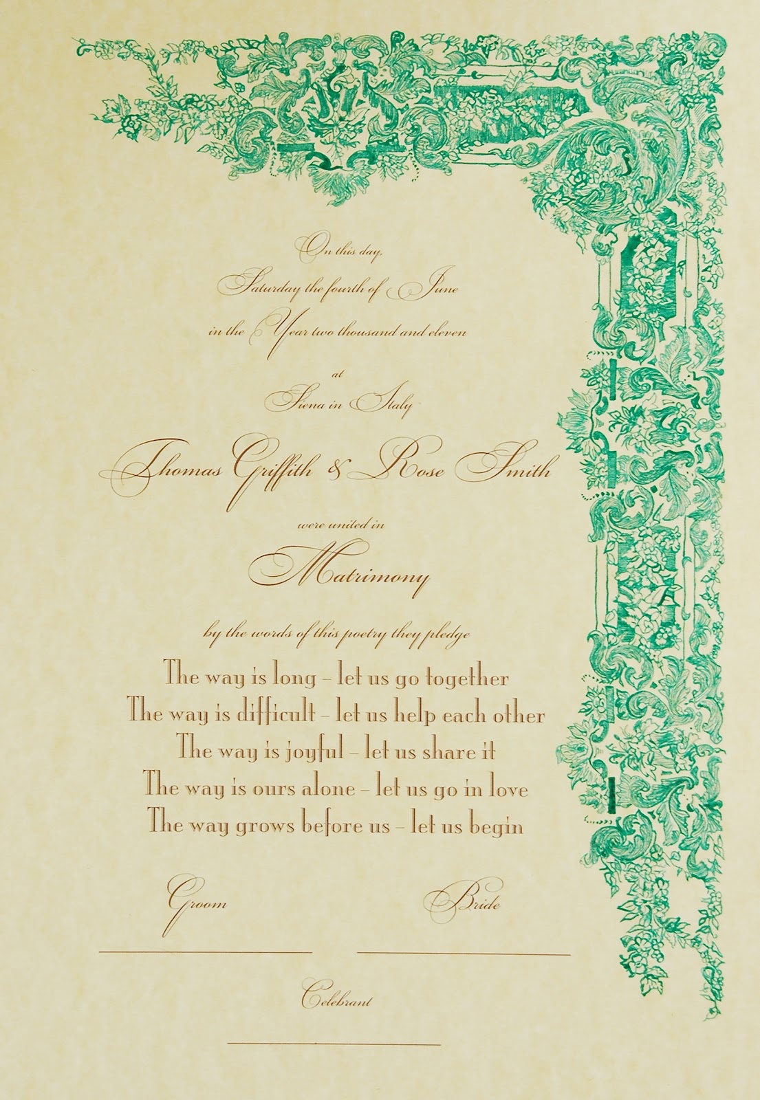 Handmade Ceremony Certificates Wedding Certificate Baroque