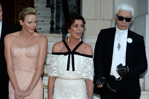 Antoine Arnault, Natalia Vodianova, Prince Albert II of Monaco, Princess Charlene of Monaco, Princess Caroline of Hanover and Karl Lagerfeld arrive at 'Love Ball' hosted by Natalia Vodianova in support of The Naked Heart Foundation at Opera Garnier 