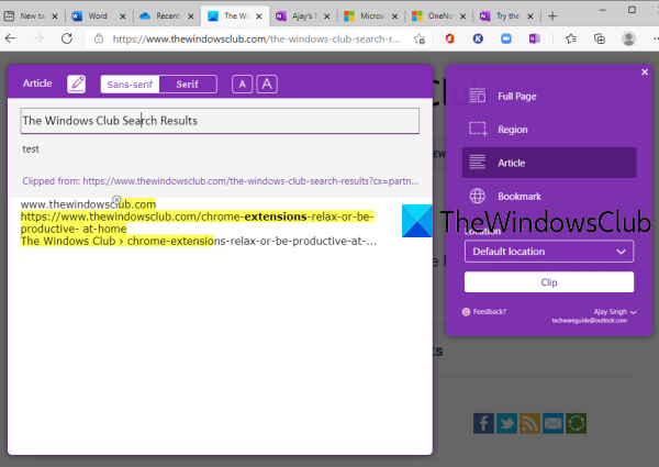 ส่วนขยาย OneNote Web Clipper สำหรับ Microsoft Edge