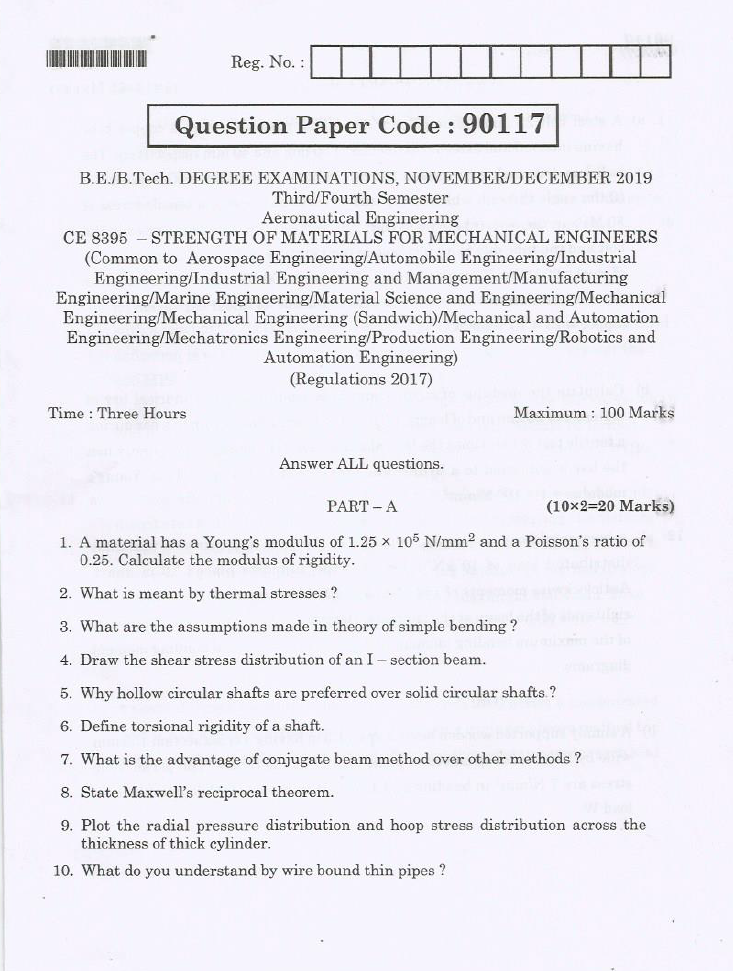 Anna University CE 8395 — STRENGTH OF MATERIALS FOR MECHANICAL