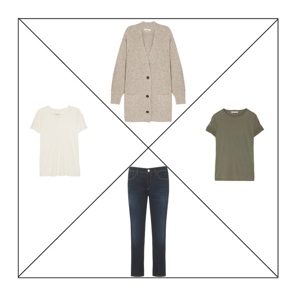Базовые джинсы, кардиган и футболки Синие джинсы, кардиган цвета camel, белая футболка, футболка цвета хаки для капсульного гардероба в повседневном стиле Casual