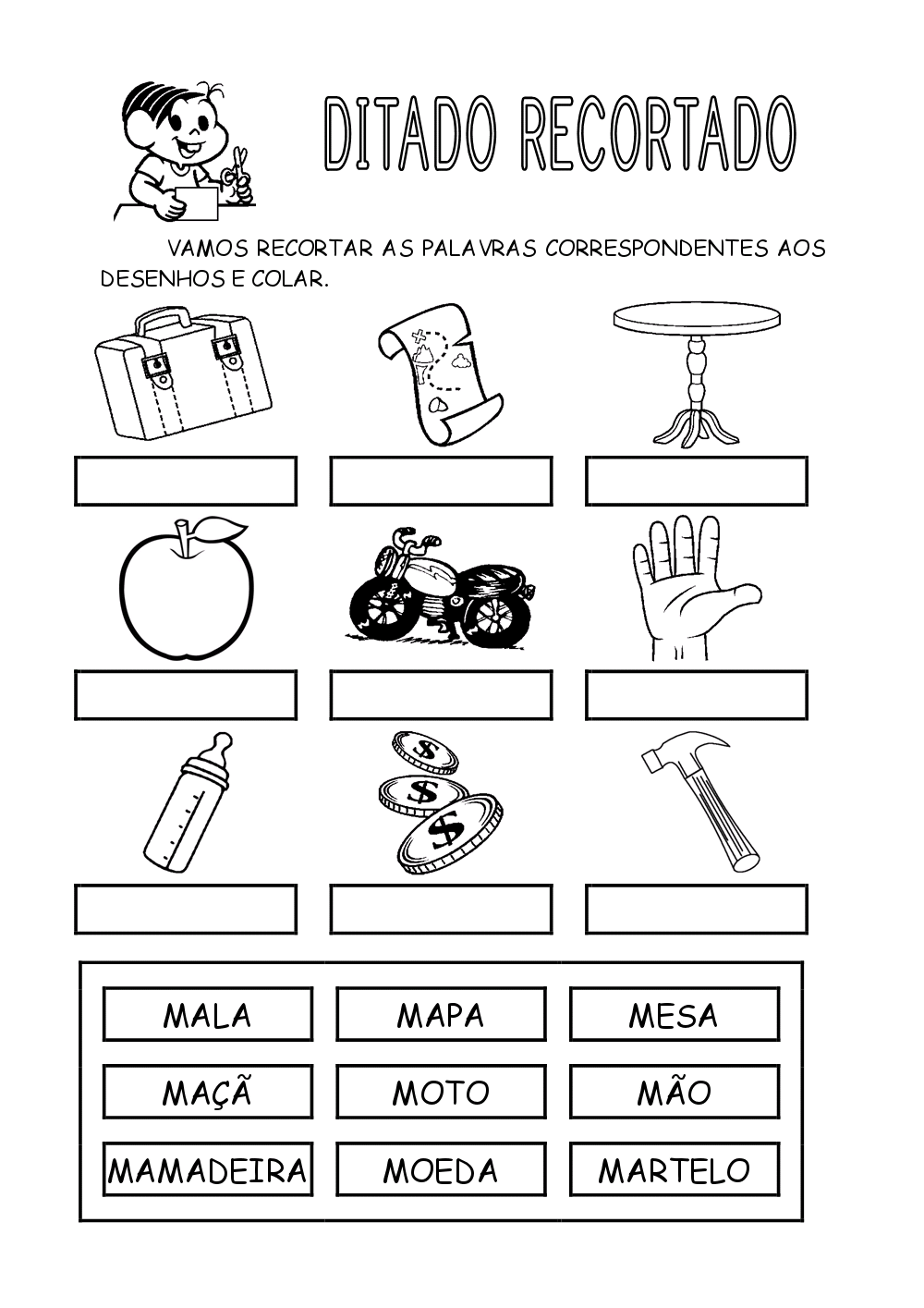 Ditado recortado com a letra M Ideias Atividades Escolares