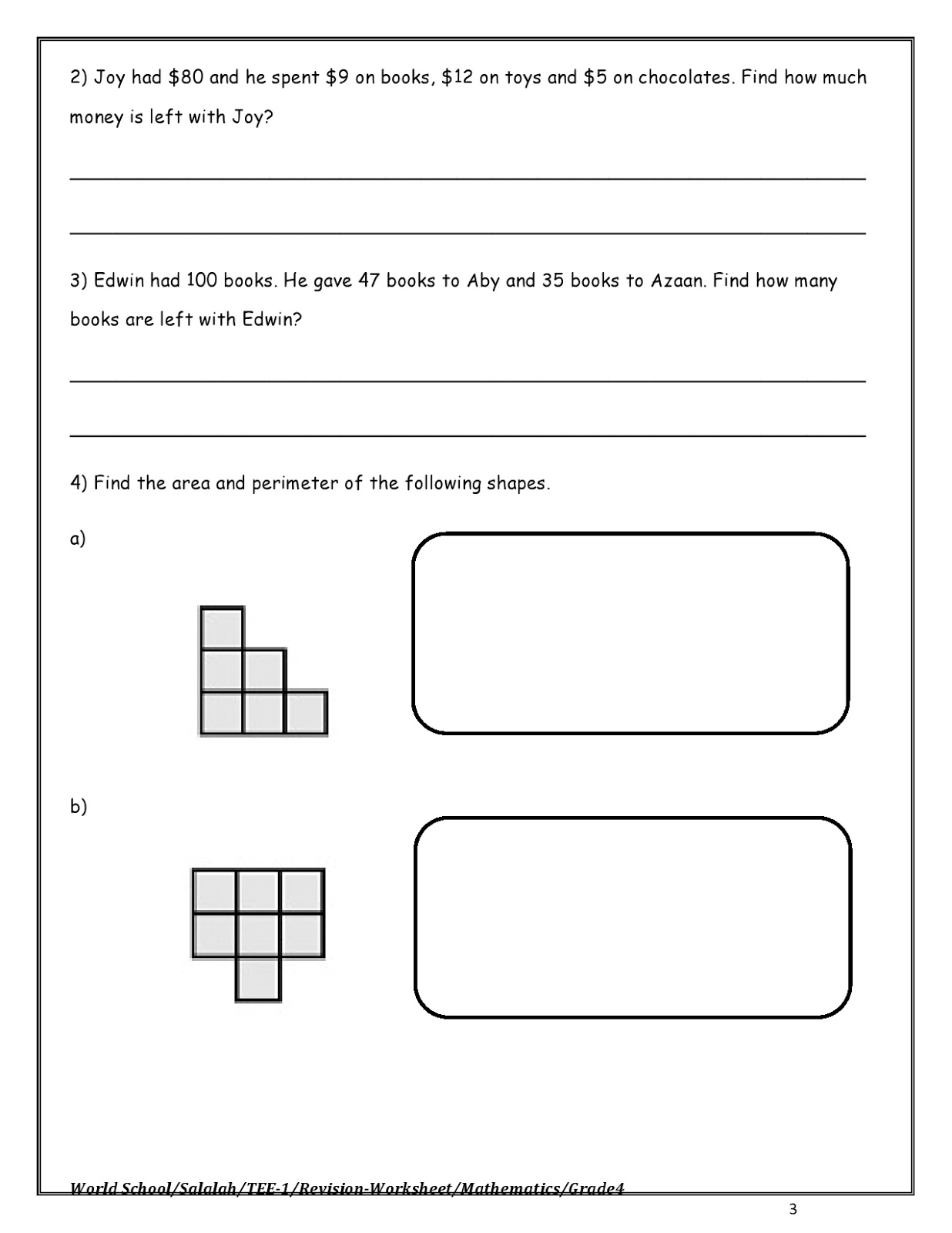 Birla World School Oman: Revision worksheet for Grade 4_02-01-2020