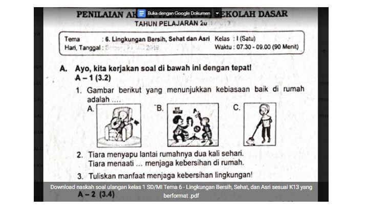 Soal Ulangan Kelas 1 Tema 6 Lingkungan Bersih Sehat Dan Asri Pintarsiana Com Rujukan Tempat Belajar Para Pelajar
