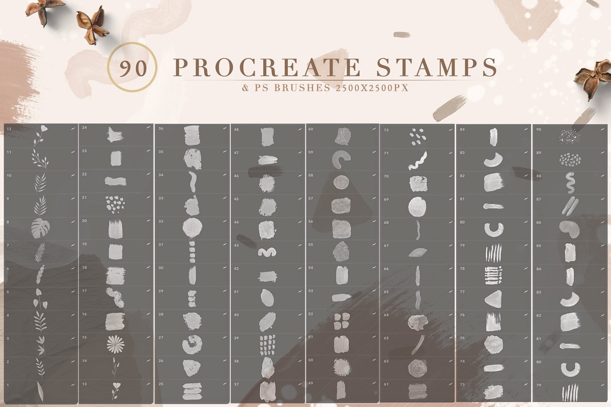 90 Procreate Stamps & Photoshop Brushes (PNG, JPG, ABR, Brushset)