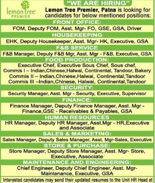 JOB ALERTS HUB Lemon Tree Premier Hiring Front Office / Housekeeping