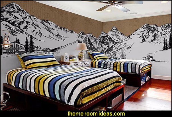 Cabin decor - bear decor - camping in the northwoods style - Antler decor - log cabin boys theme bedroom - Cabin Bedding - Rustic Bedding - rustic furniture - cedar beds - log beds - LOG CABIN DECORATING IDEAS - Swiss chalet ski lodge murals - camping room decor - hunting and fishing theme decorating - winter cabin decorating ski chalet rustic mountain lodge decorating cabin bedroom decor mountain mural
