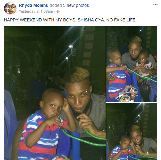 Nigerian man shares photo of himself 'smoking shisha' with his little