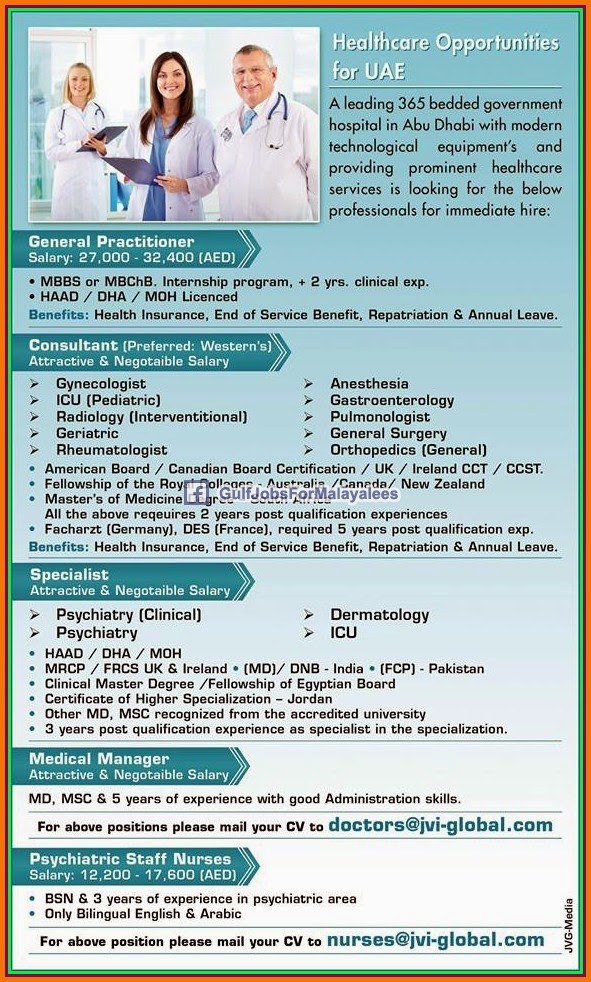 Healthcare opportunities for UAE Gulf Jobs for Malayalees
