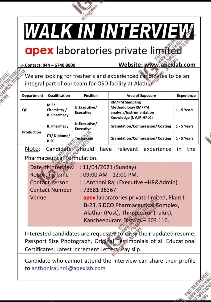 Apex Laboratories interview in 2021 April 11th for Production Quality