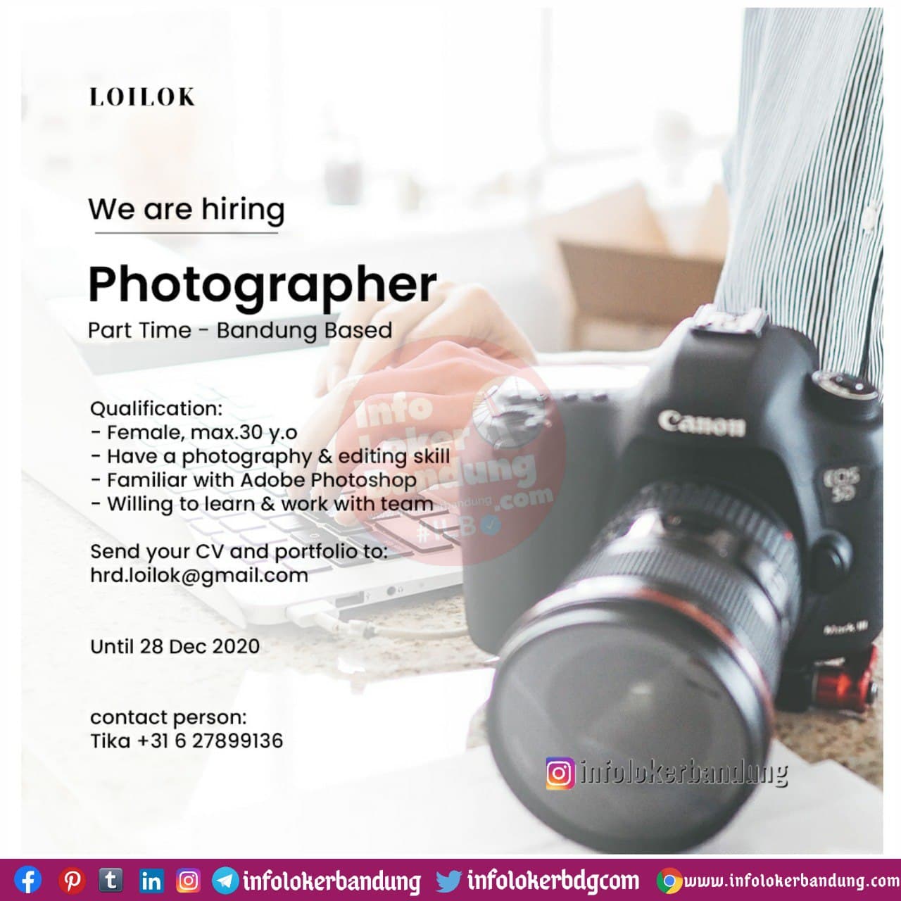 Lowongan Kerja Photographer Part Time Loilok Bandung Desember 2020