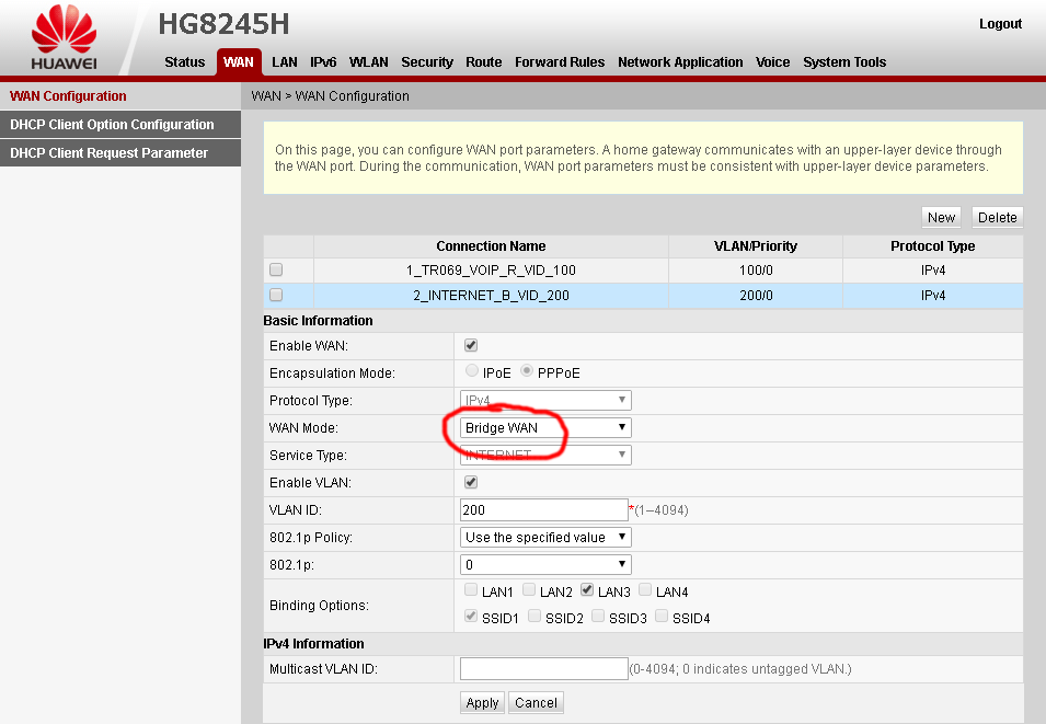 Bridge Mode Modem GPON