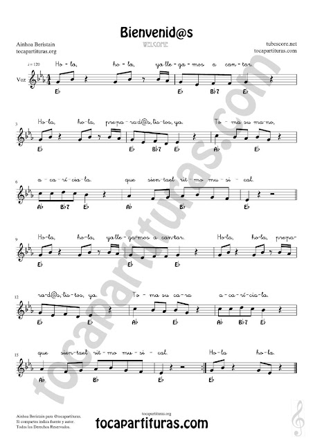 Bienvenid@s Partitura de Voz (sirve para flautas, violín, oboe...) para cantar y presentarse en clases de música Welcome voice sheet music for children's song Vídeo tutorial