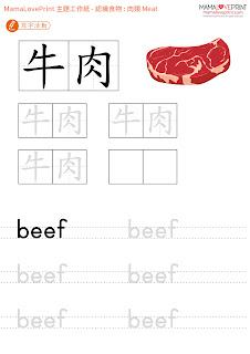 MamaLovePrint 主題工作紙 -  認識食物 - 肉類 雞肉 牛肉 豬肉 工作紙 幼稚園常識 Learning Food - Meat Chicken Pork Beef Worksheets Vocabulary Exercise for Kindergarten School Printable Freebies Daily Activities