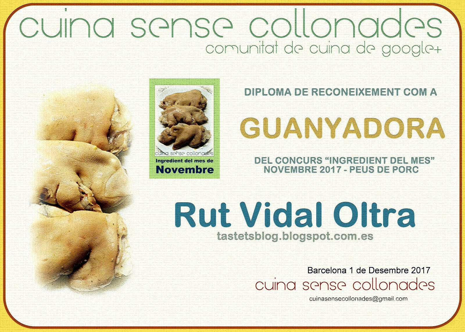 Guanyadora del concurs "Ingredient del mes, peus de porc" de Cuina sense collonades, novembre 2017