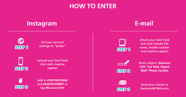 Simple instructions on how to enter the GAVISCON 'Eat Well, Digest Well' Photo Contest