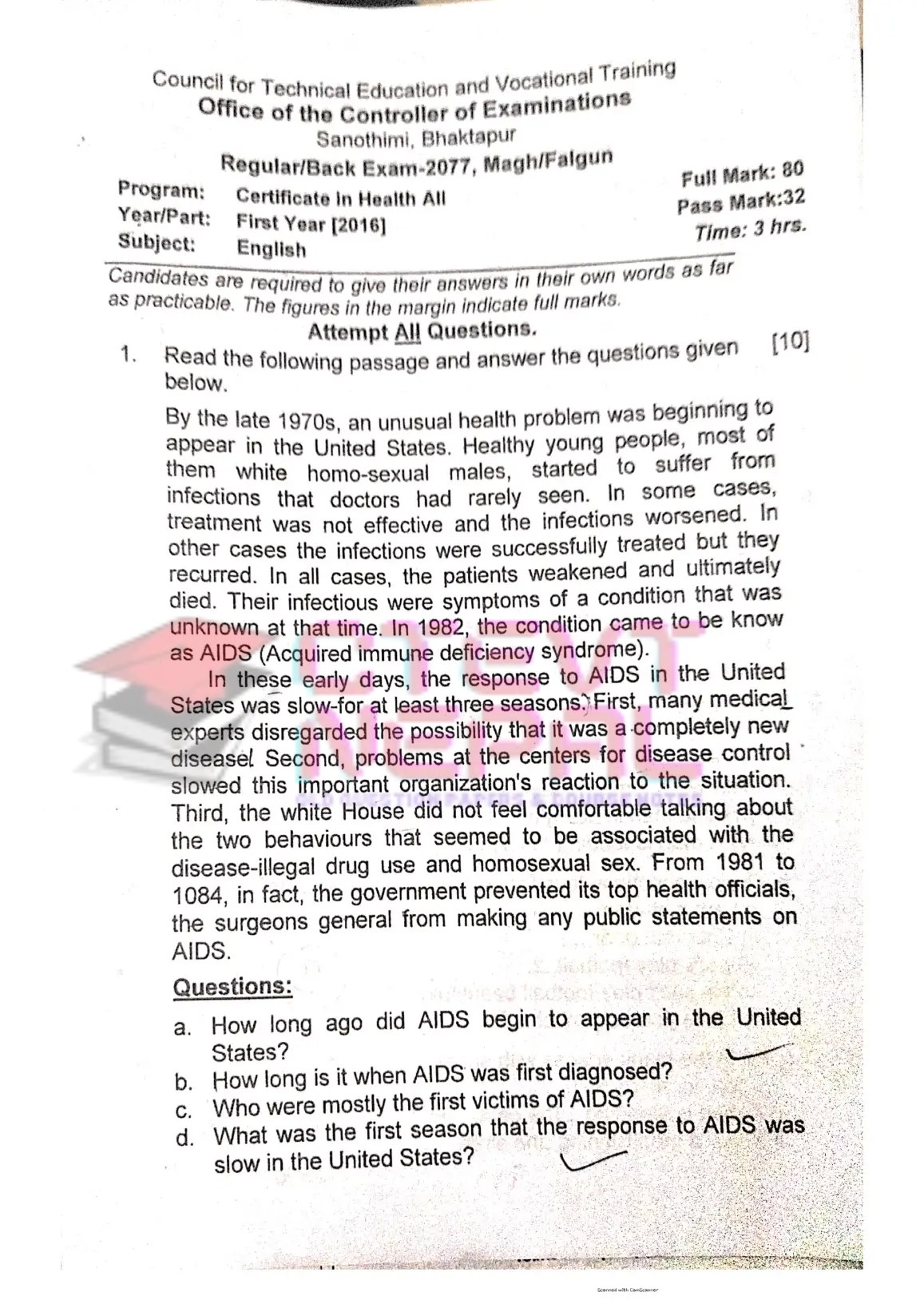 English 1st Year Question Papers CTEVT Certificate/Diploma in