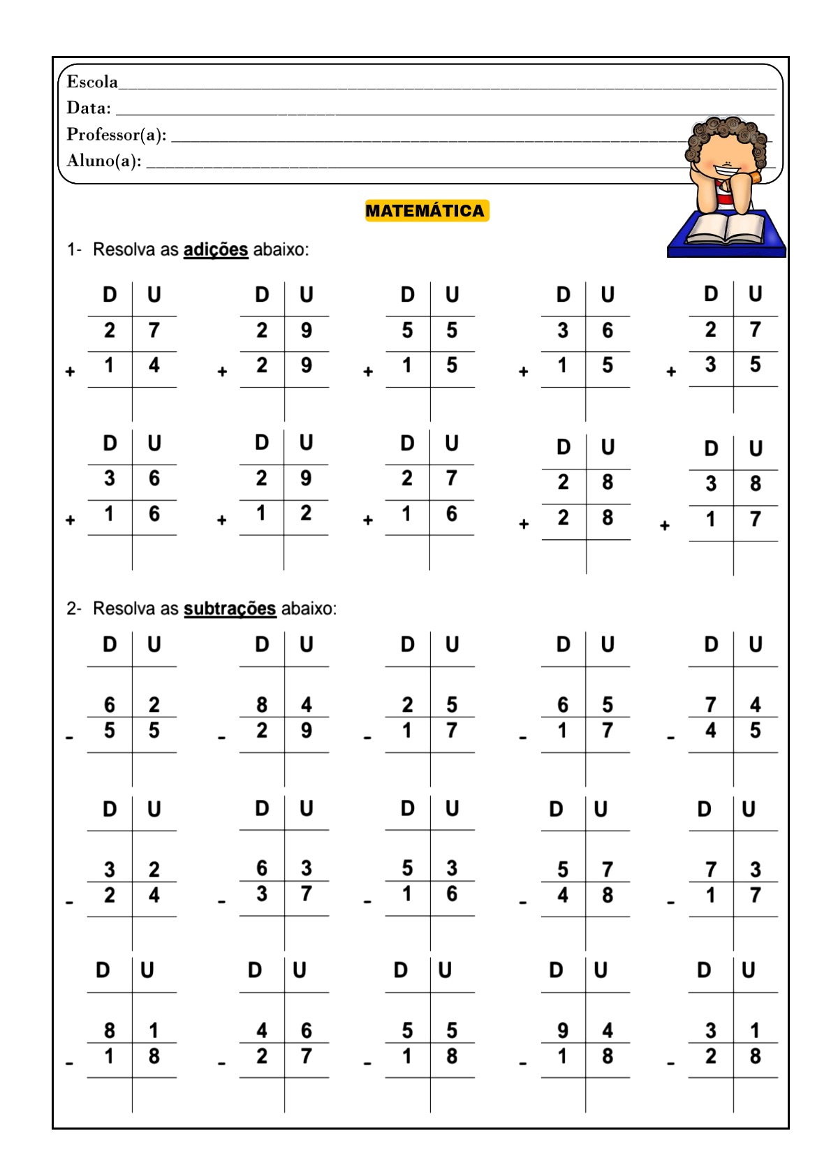 Atividades de Matemática – Cálculo, recorte e colagem das adições –