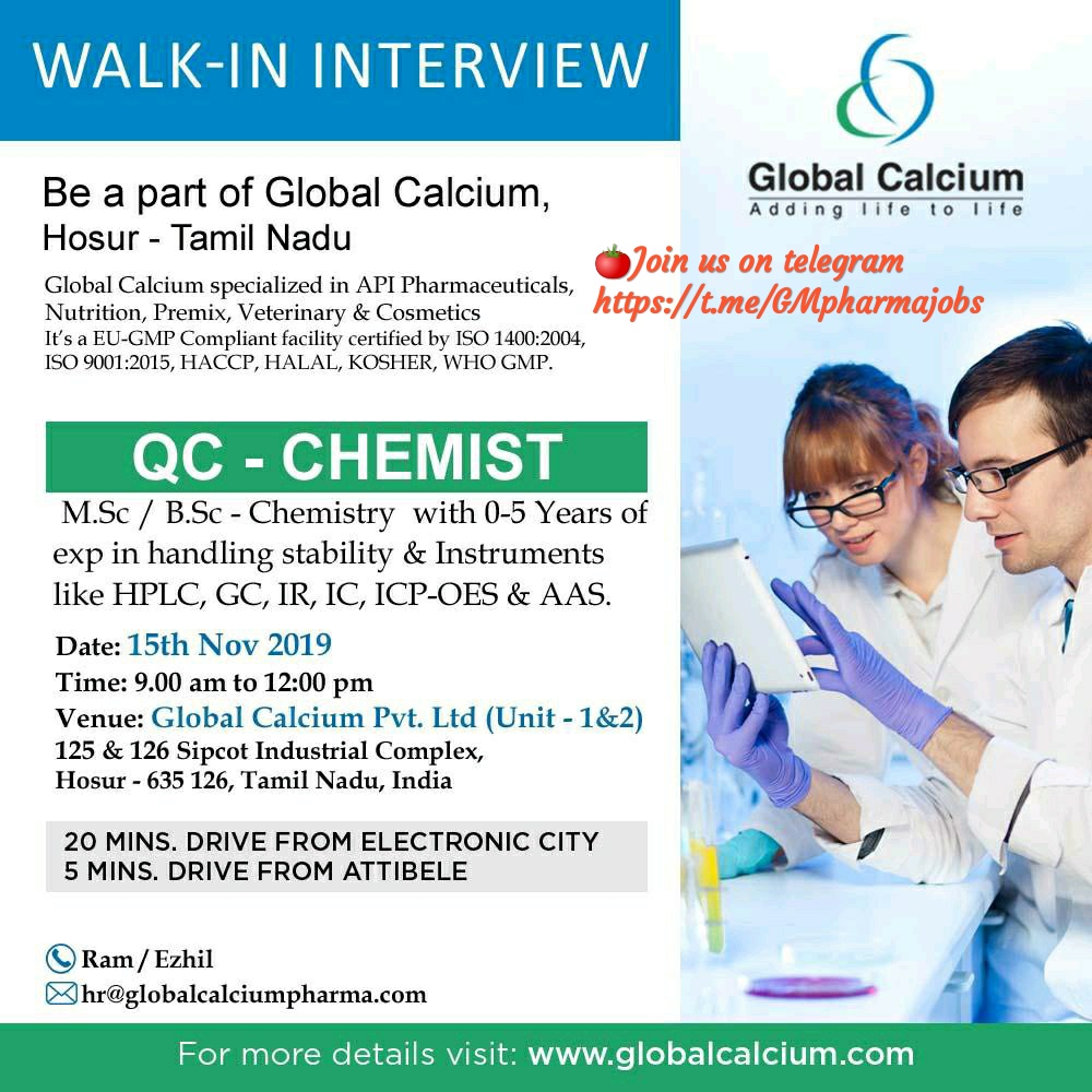 Pharma Jobs in Hosur Global Calcium Pvt Ltd walk in interview on 15