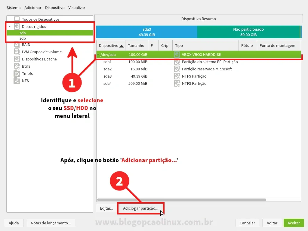 Selecione o seu SSD/HDD para criarmos uma nova partição a partir do espaço livre