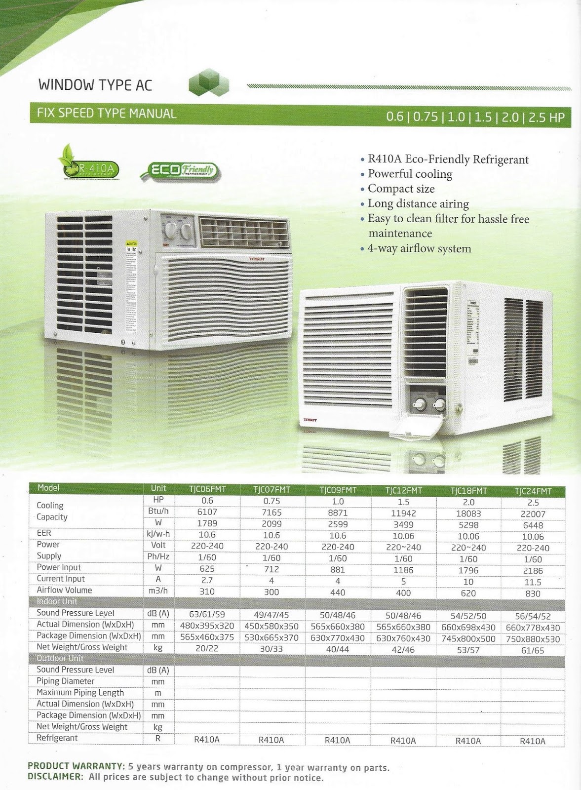 TOSOT R410A WINDOW TYPE FIX SPEED TYPE MANUAL
