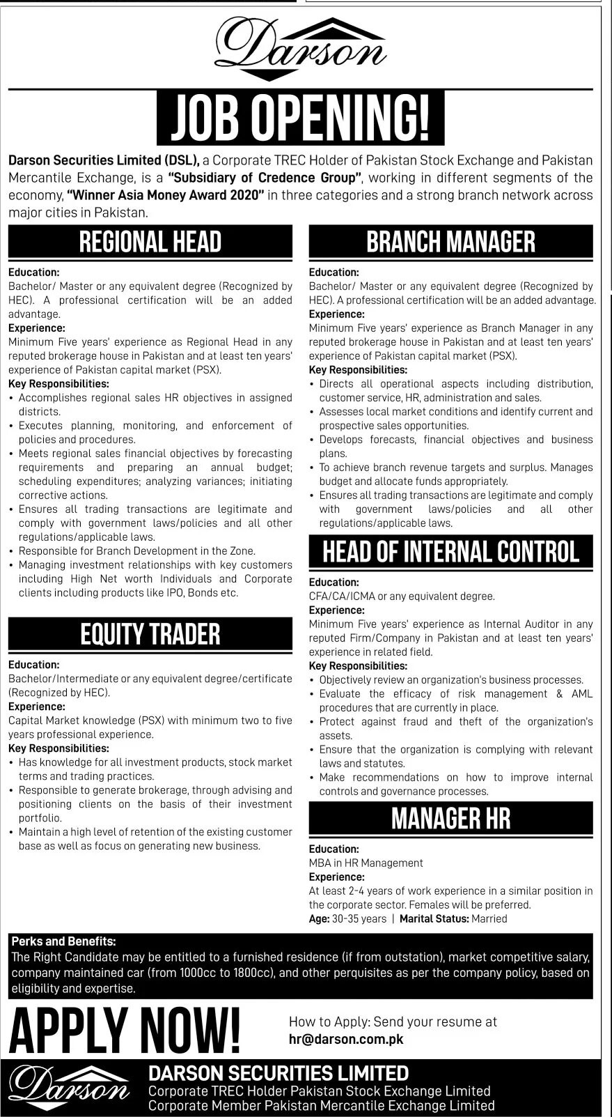 hr@darson.com.pk - Darson Securities Limited Jobs 2021 in Pakistan