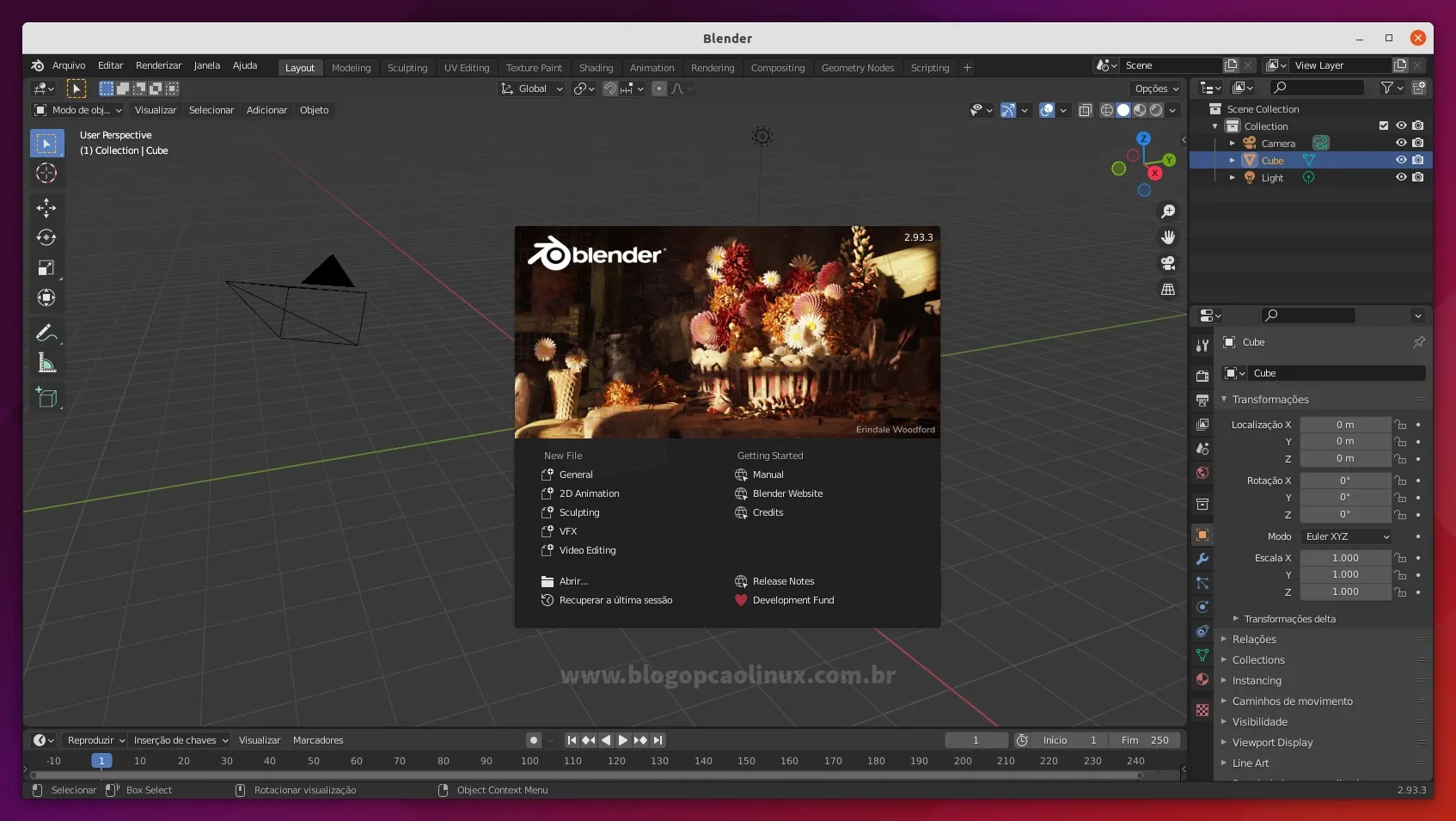 Blender executando no Ubuntu 21.10 (Impish Indri)