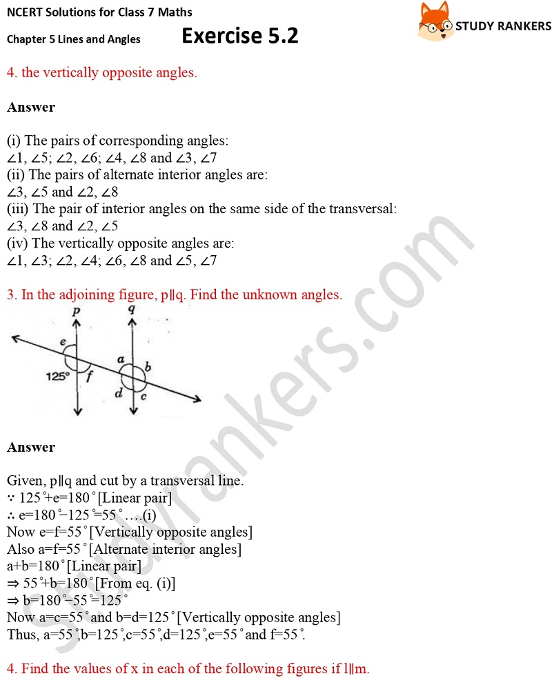 NCERT Solutions for Class 7 Maths Ch 5 Lines and Angles Exercise 5.2 2