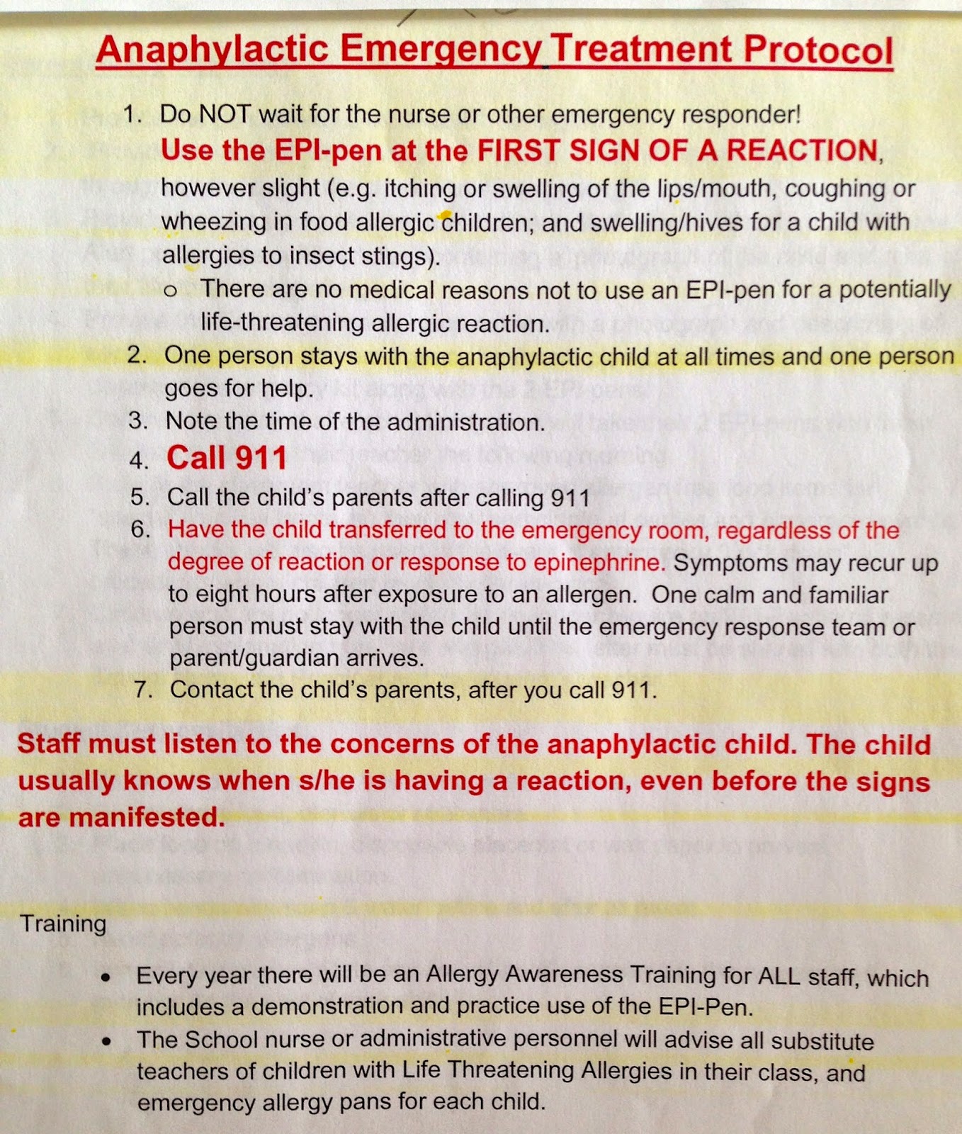 (HFAN) School Food Allergy Management Protocol
