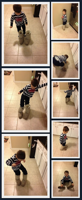 Little Boy walking around in moms shoes