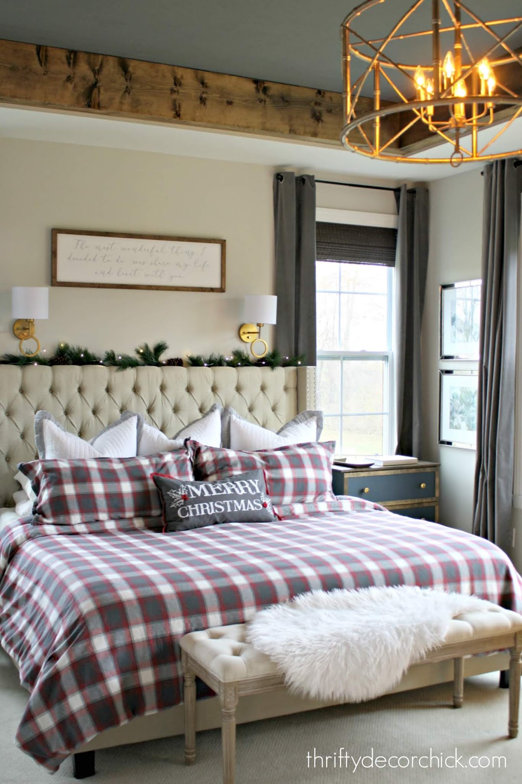 fake wood beams and painted tray ceiling 