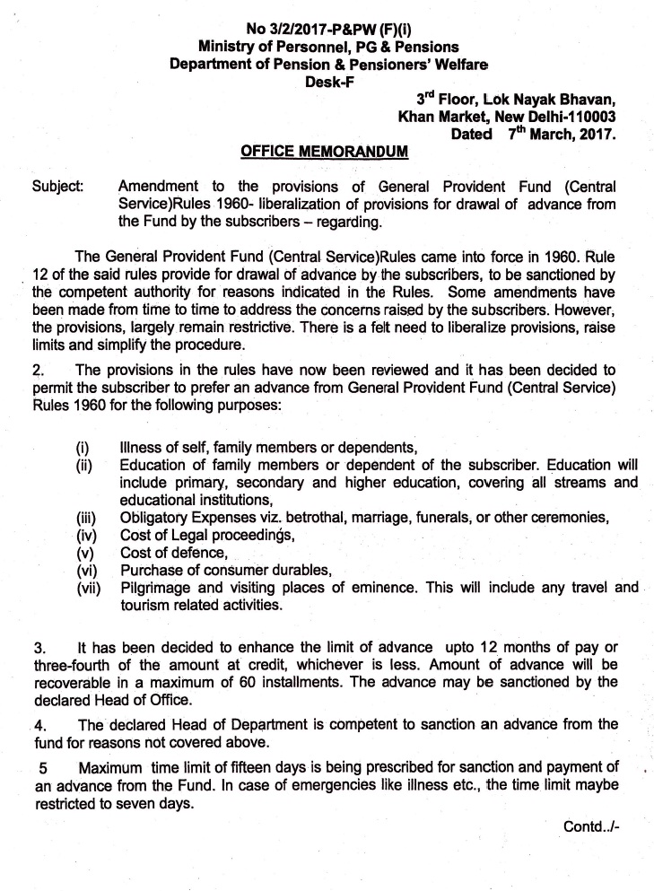 GPF Amendment to the provisions of General Provident Fund (Central