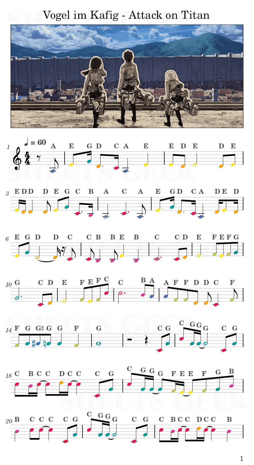 Vogel im Kafig - Shingeki no Kyojin (Attack on Titan) Easy Sheet Music Free for piano, keyboard, flute, violin, sax, cello page 1